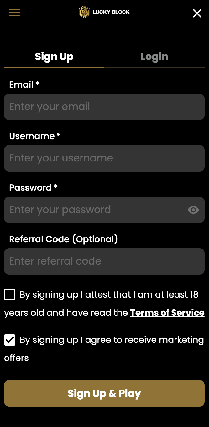 Sign Up to Play at Lucky Block
